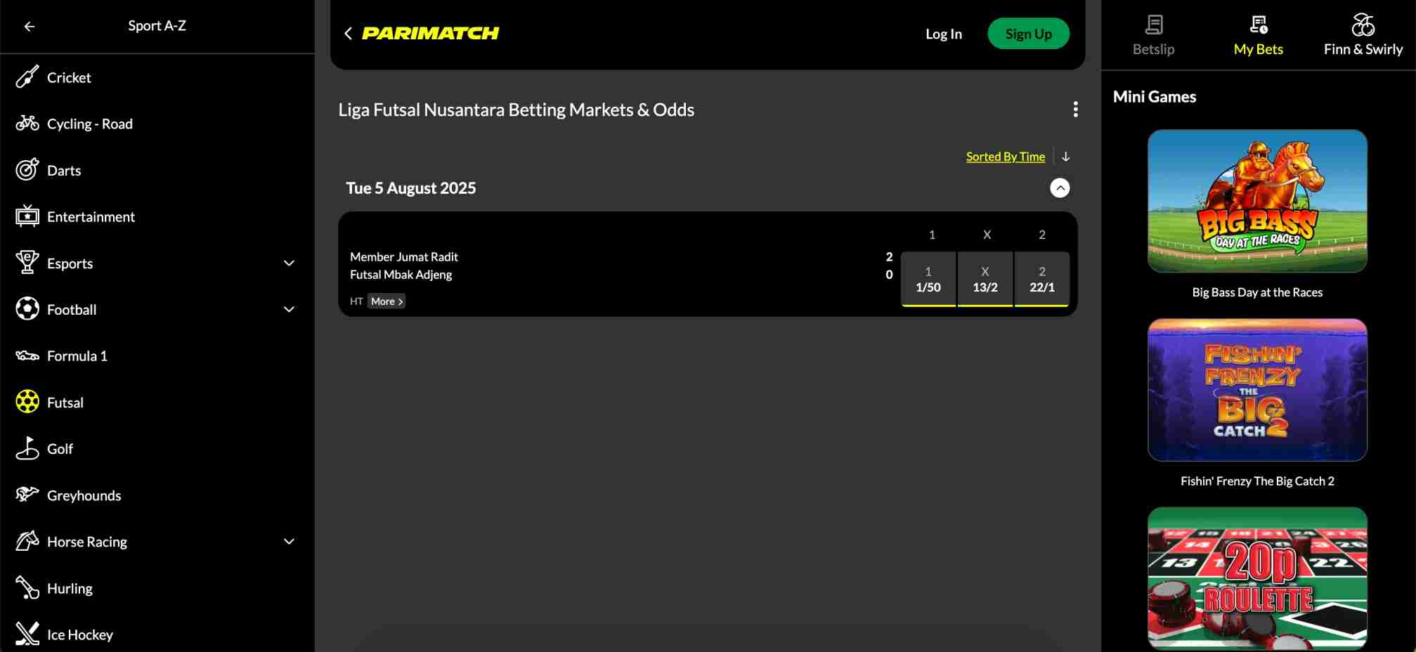Parimatch Liga Futsal Nusantara betting odds for Member Jumat Radit vs Futsal Mbak Adjeng, illustrating how stats may influence odds.