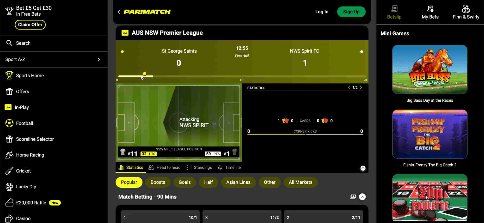 Live betting on Parimatch showing St George Saints vs NWS Spirit match with stats
