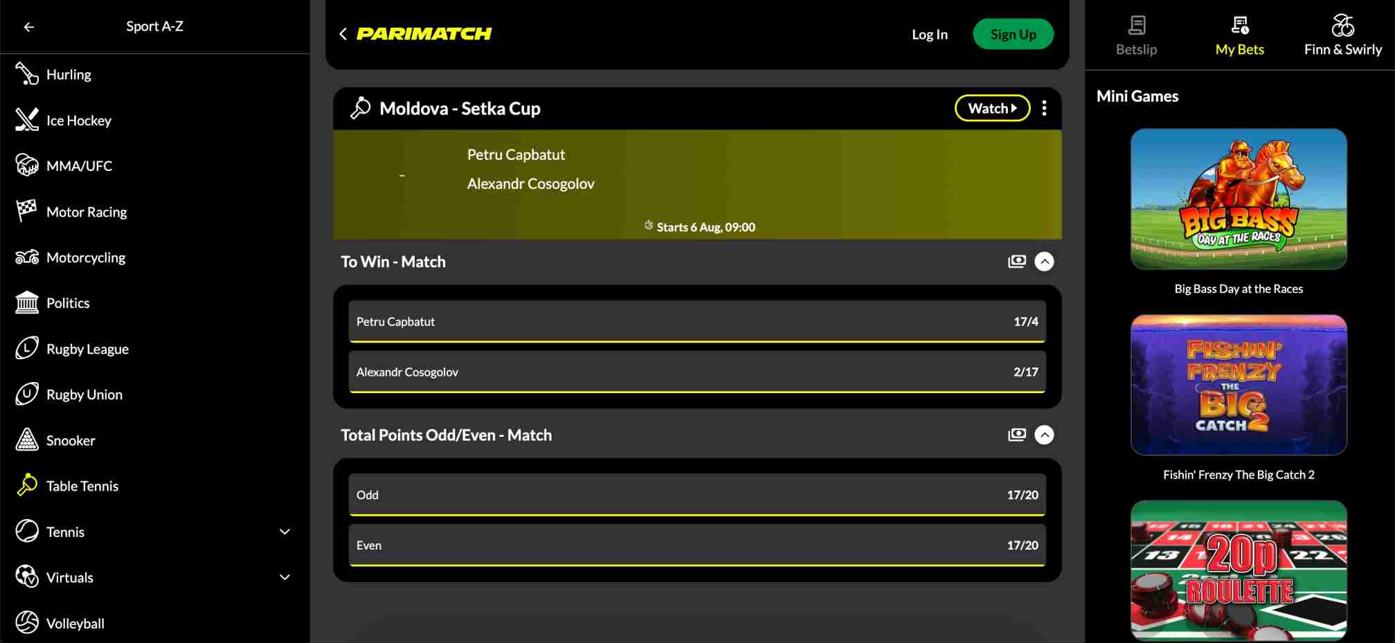 Betting options for a Moldova Setka Cup table tennis match on Parimatch, part of research for does Parimatch accept Amex.