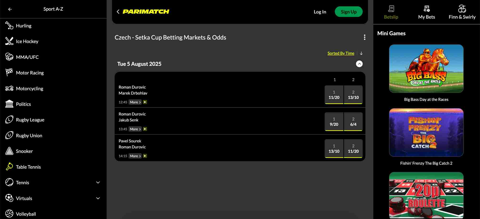 Parimatch Setka Cup table tennis odds, does Parimatch accept Airtel Money