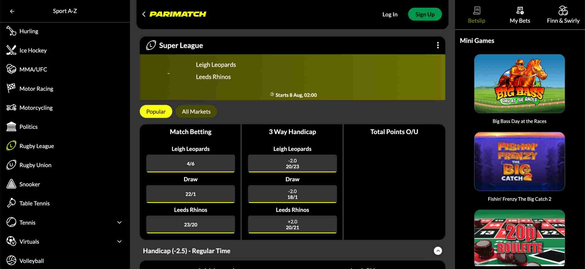 Parimatch Super League match odds between Leigh Leopards and Leeds Rhinos, showing betting markets available for Neteller deposit users in Bangladesh.