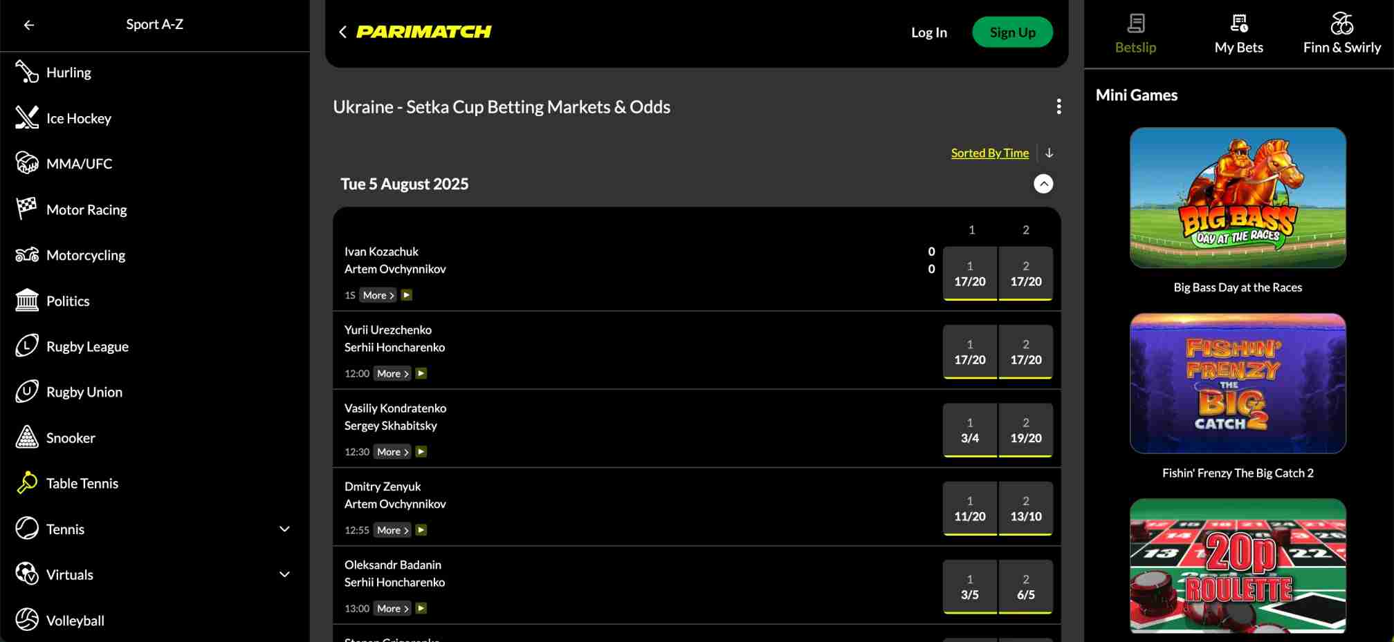 Parimatch betting interface showing Ukraine Setka Cup table tennis matches and odds, useful for evaluating if Parimatch is legal in Canada for international students.