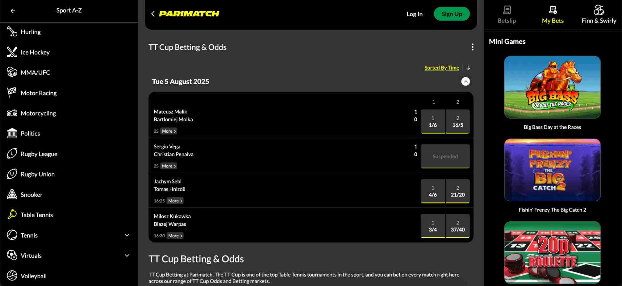 Live TT Cup table tennis betting odds on Parimatch for August 5th, showing ongoing matches and suspended betting status.