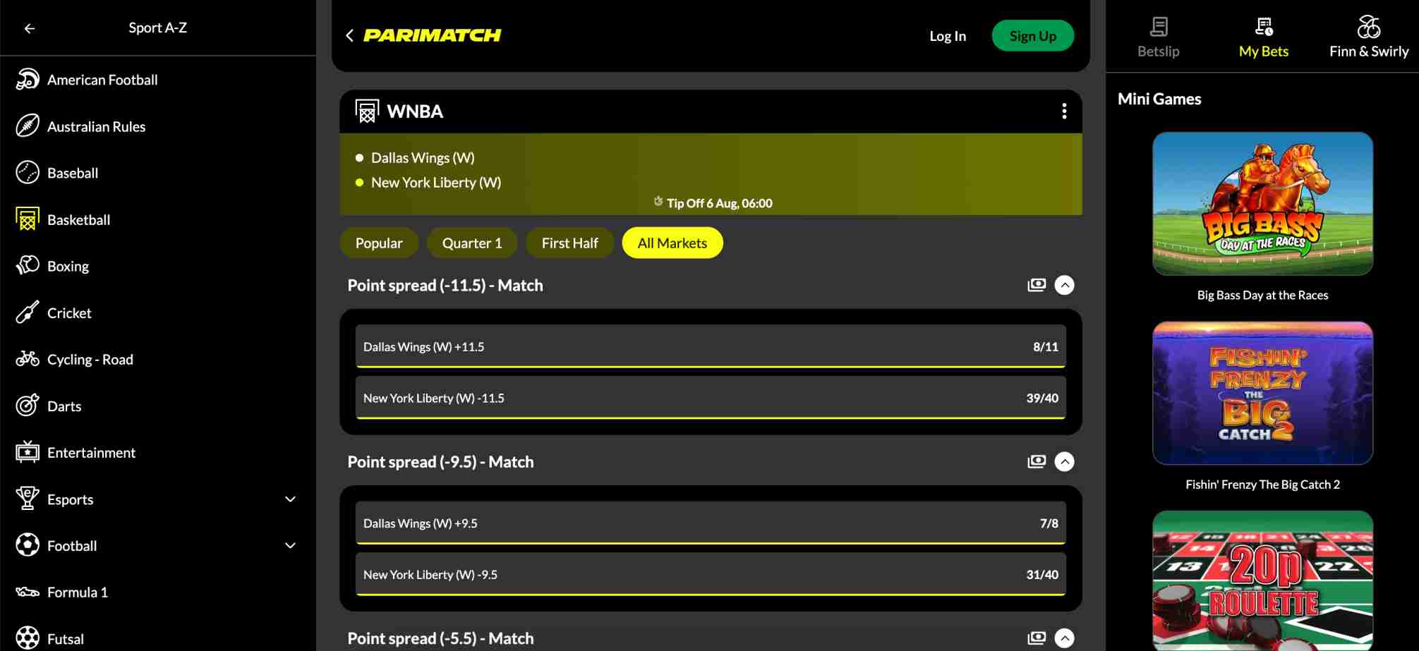 Detailed point spread options for WNBA on Parimatch platform, relevant to exploring whether Parimatch allows arbitrage betting strategies.