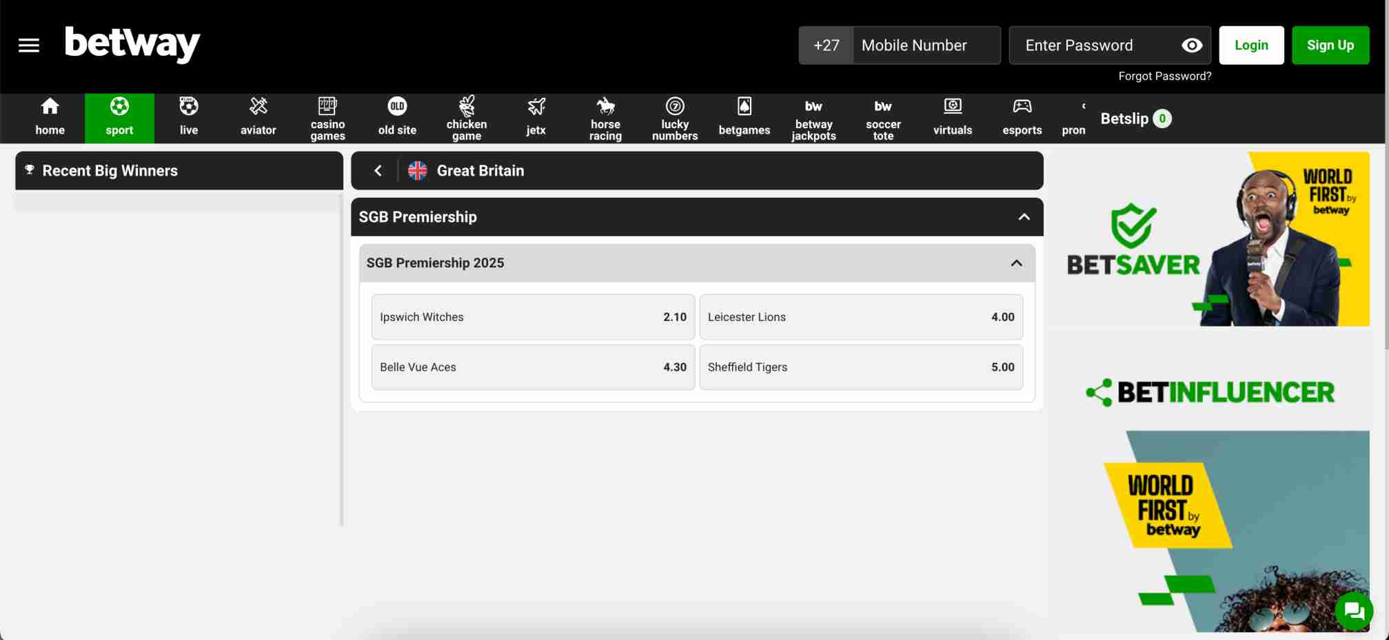 Betway SGB Premiership 2025 betting odds for Ipswich Witches, Leicester Lions, Belle Vue Aces, and Sheffield Tigers.