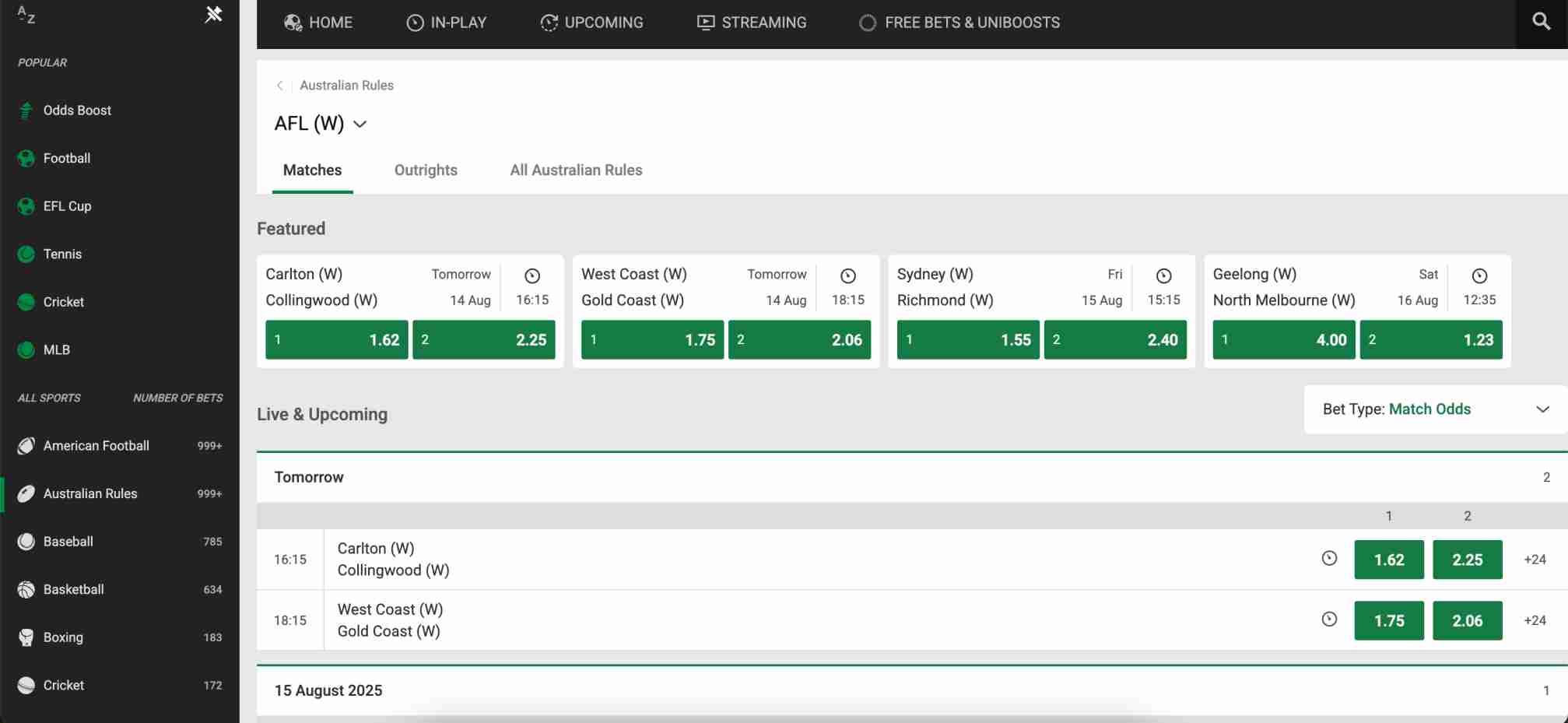 Unibet AFL Women’s match odds display, related to Can Unibet ban you for winning topic