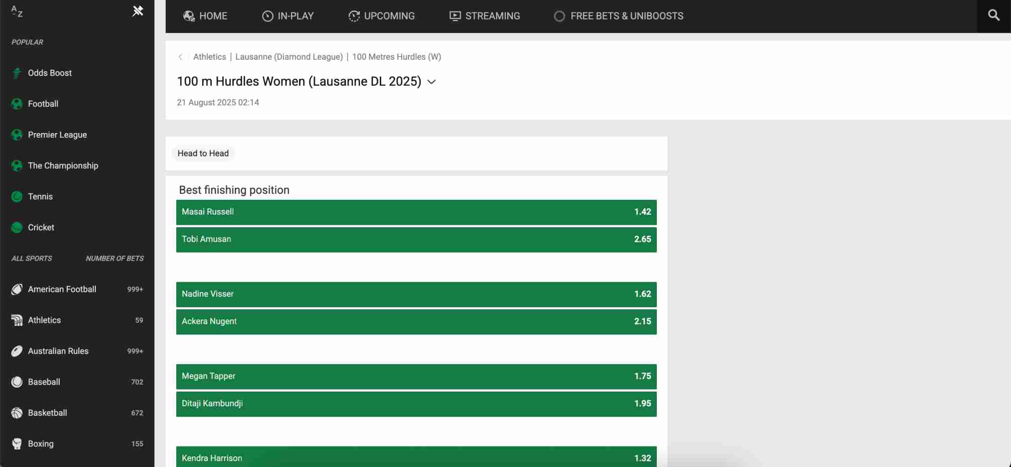 Unibet sportsbook screen with 100m hurdles women’s odds for Lausanne Diamond League 2025