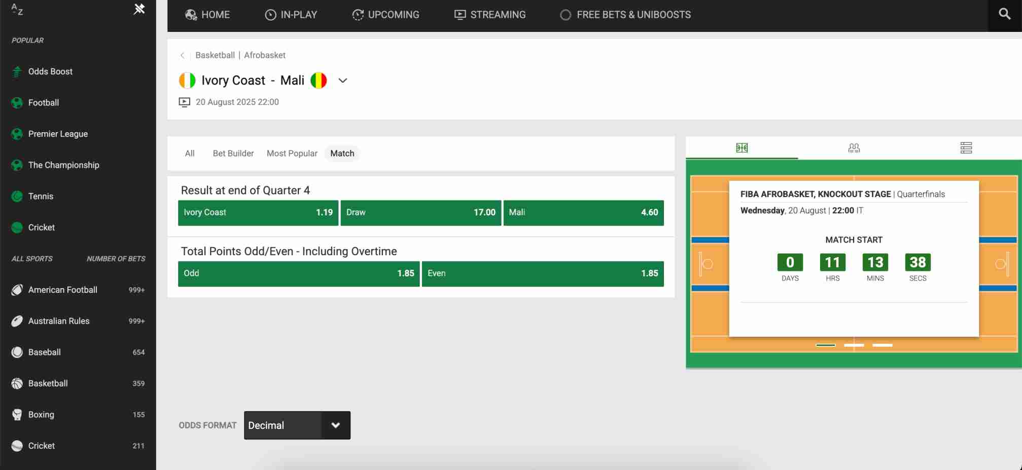 Unibet betting odds for Ivory Coast vs Mali in FIBA Afrobasket quarterfinals with countdown to match start.