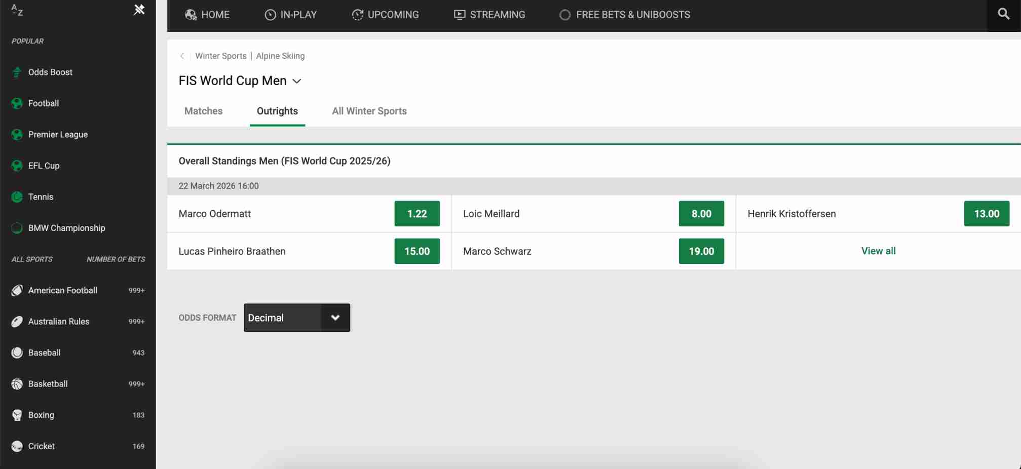 Unibet betting odds for FIS World Cup Men’s overall standings 2025/26