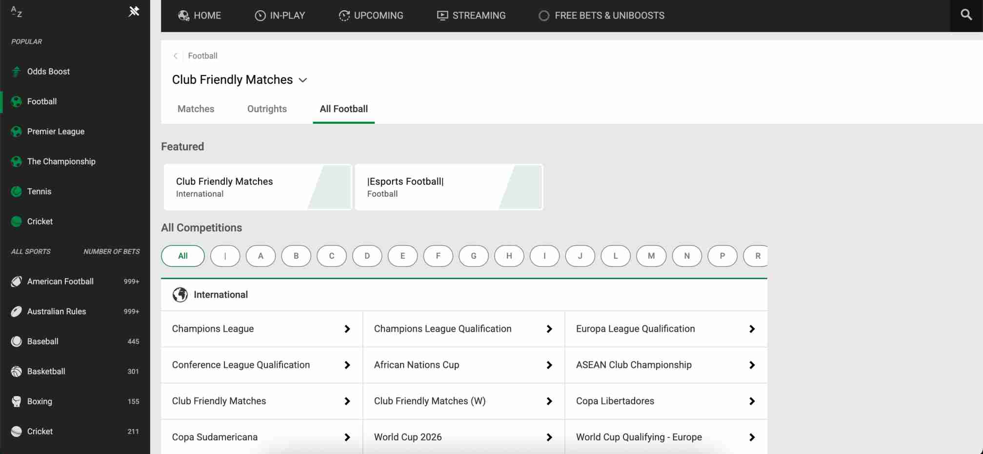 Unibet football betting dashboard showing club friendly matches, leagues, and international competitions – where does Unibet get their stats from