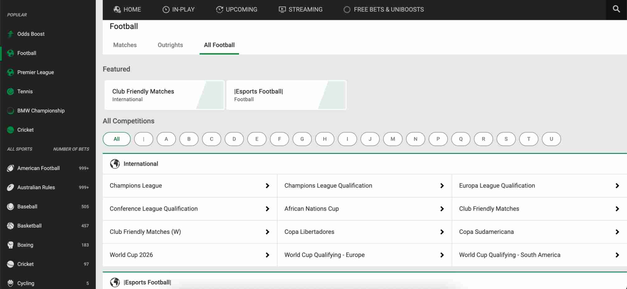 Unibet football betting interface showing available competitions and markets, relevant for understanding Unibet what is double chance.
