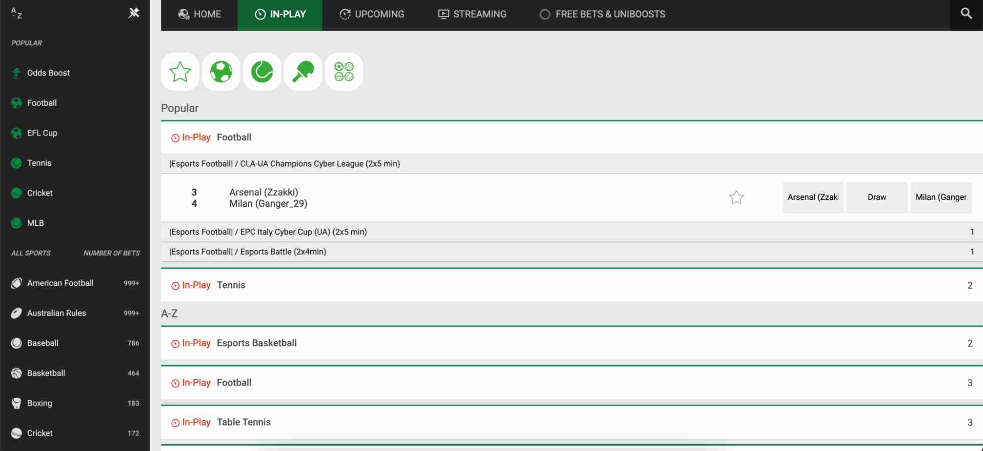Unibet in-play sports betting page with football, esports, and table tennis matches.