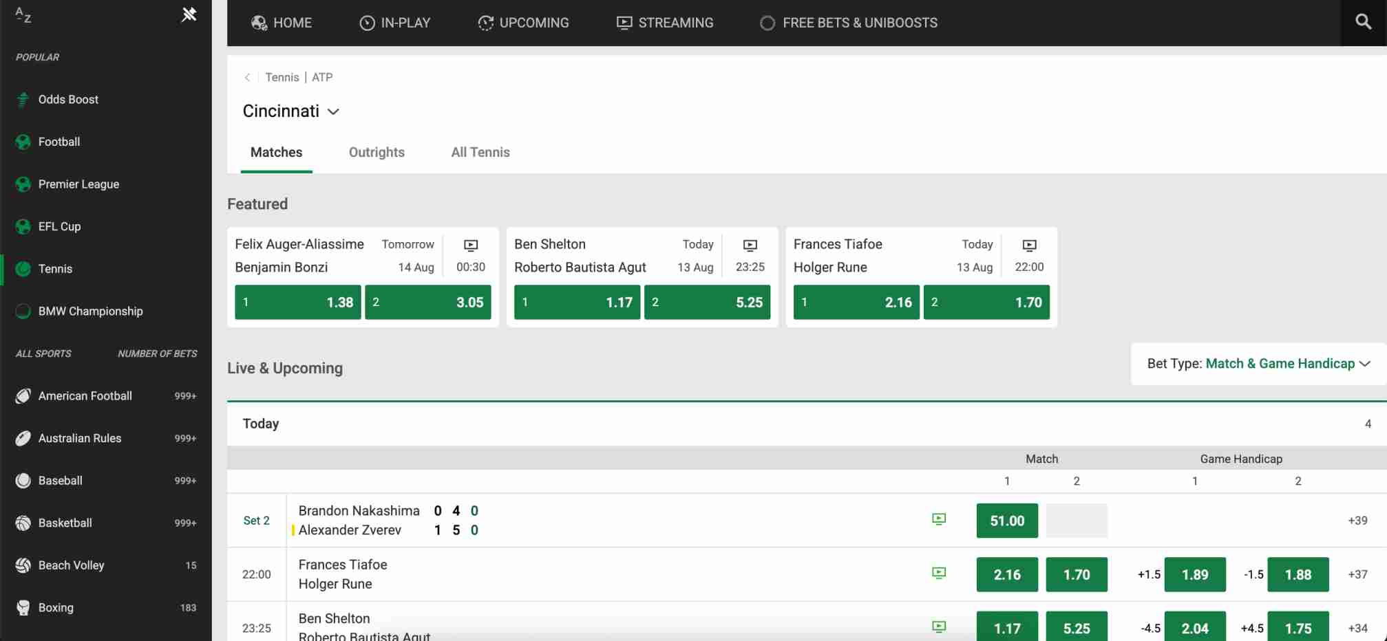 Unibet tennis betting odds for Cincinnati ATP matches with live scores and game handicaps.