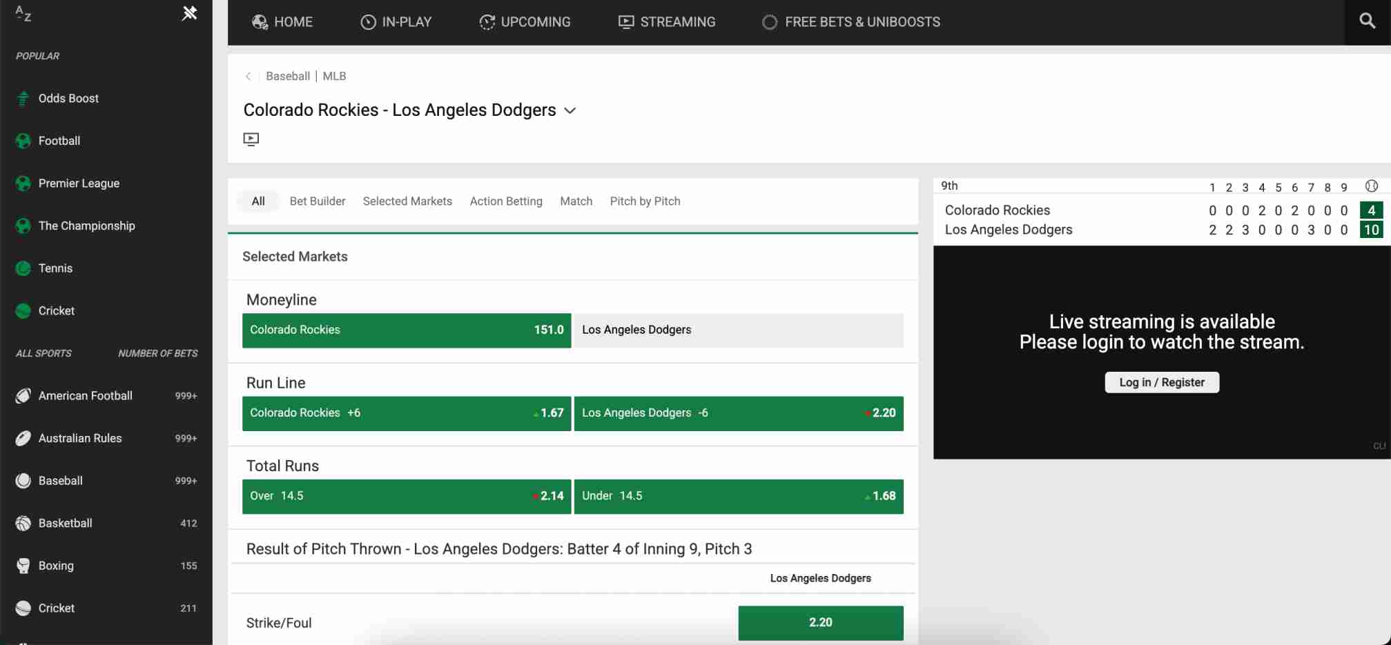 Unibet MLB betting odds for Colorado Rockies vs Los Angeles Dodgers with moneyline, run line, and total runs markets.
