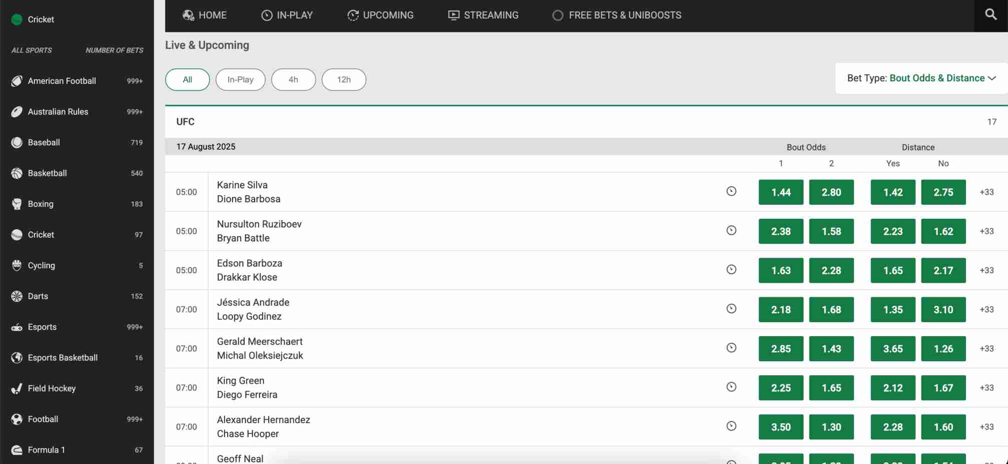 Upcoming UFC fight odds and distance markets on Unibet, showing multiple bouts with live betting prices and options for golden chips promotions.