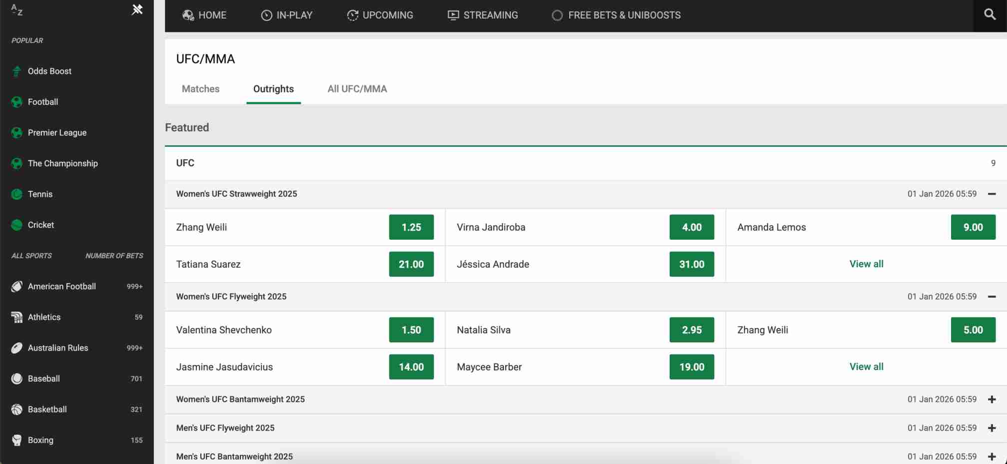 Unibet UFC and MMA betting outrights page with women’s strawweight and flyweight odds displayed.
