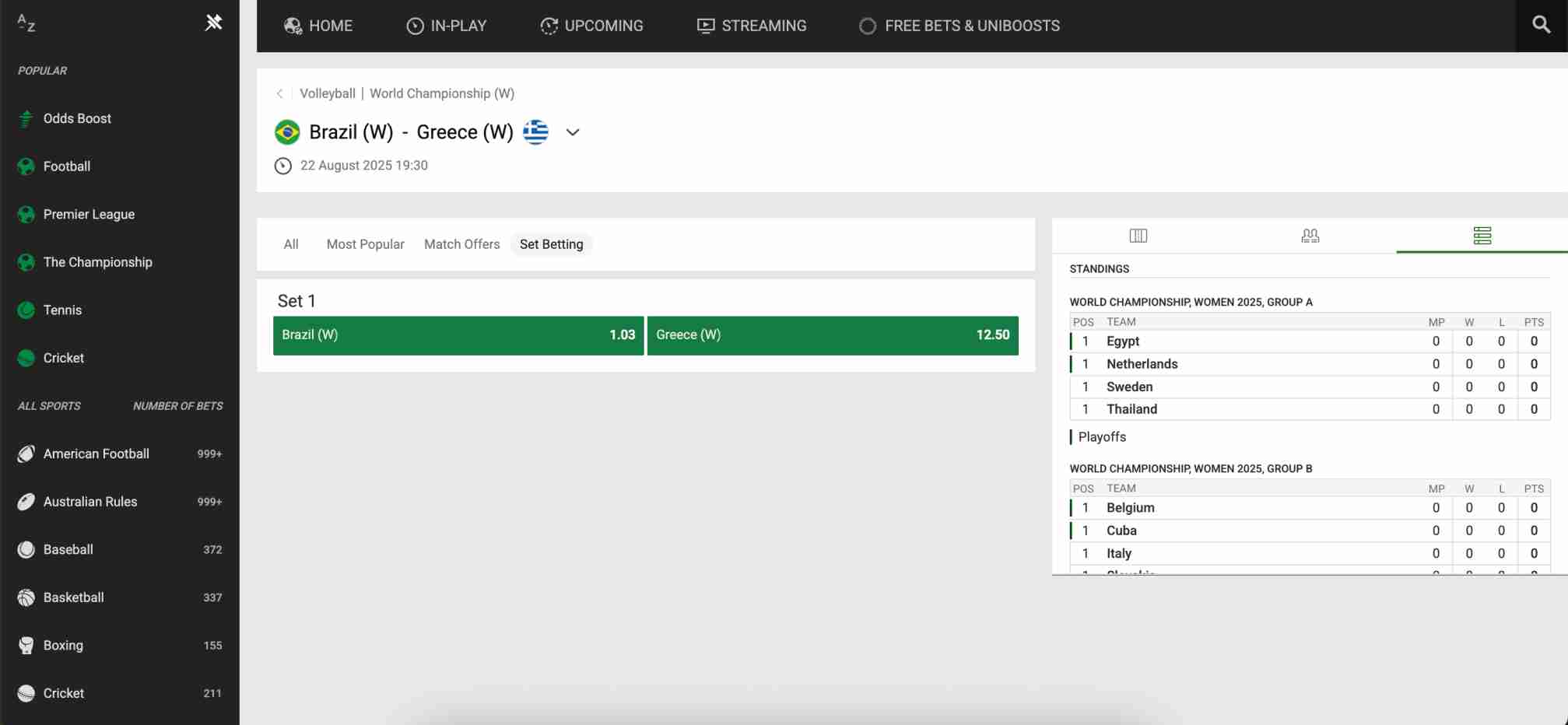 Unibet volleyball betting odds for Brazil women vs Greece women in World Championship with set betting options displayed.