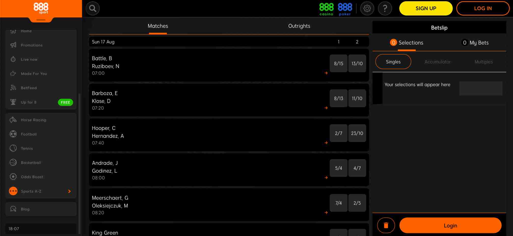 List of upcoming match odds on 888sport, related to the question why can't I cash out on 888sport.