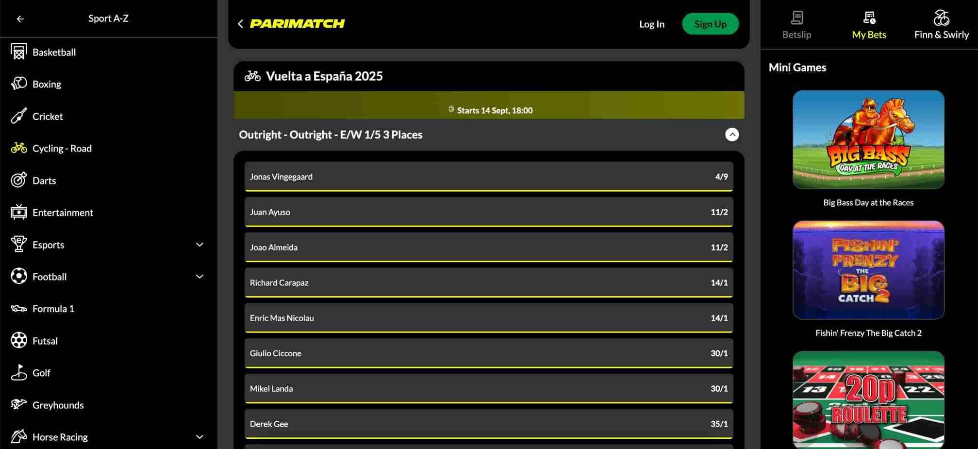 Parimatch cycling odds screen with listed contenders for the 2025 Vuelta a España event, helpful for discussing “can I use Parimatch with fake name.”