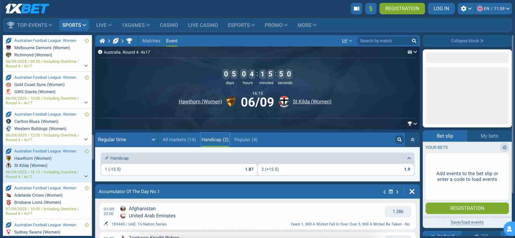 1xBet Australian Football League women’s betting page with upcoming matches and handicap odds