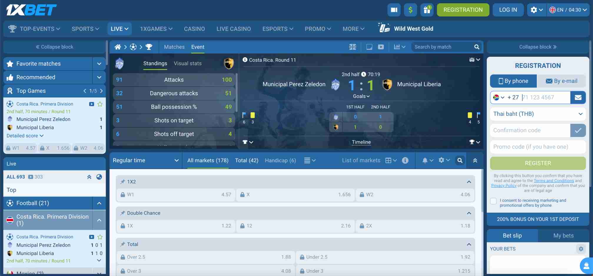 1xBet football live match stats for Costa Rica Primera Division, highlighting betting markets and legality discussion in Tennessee