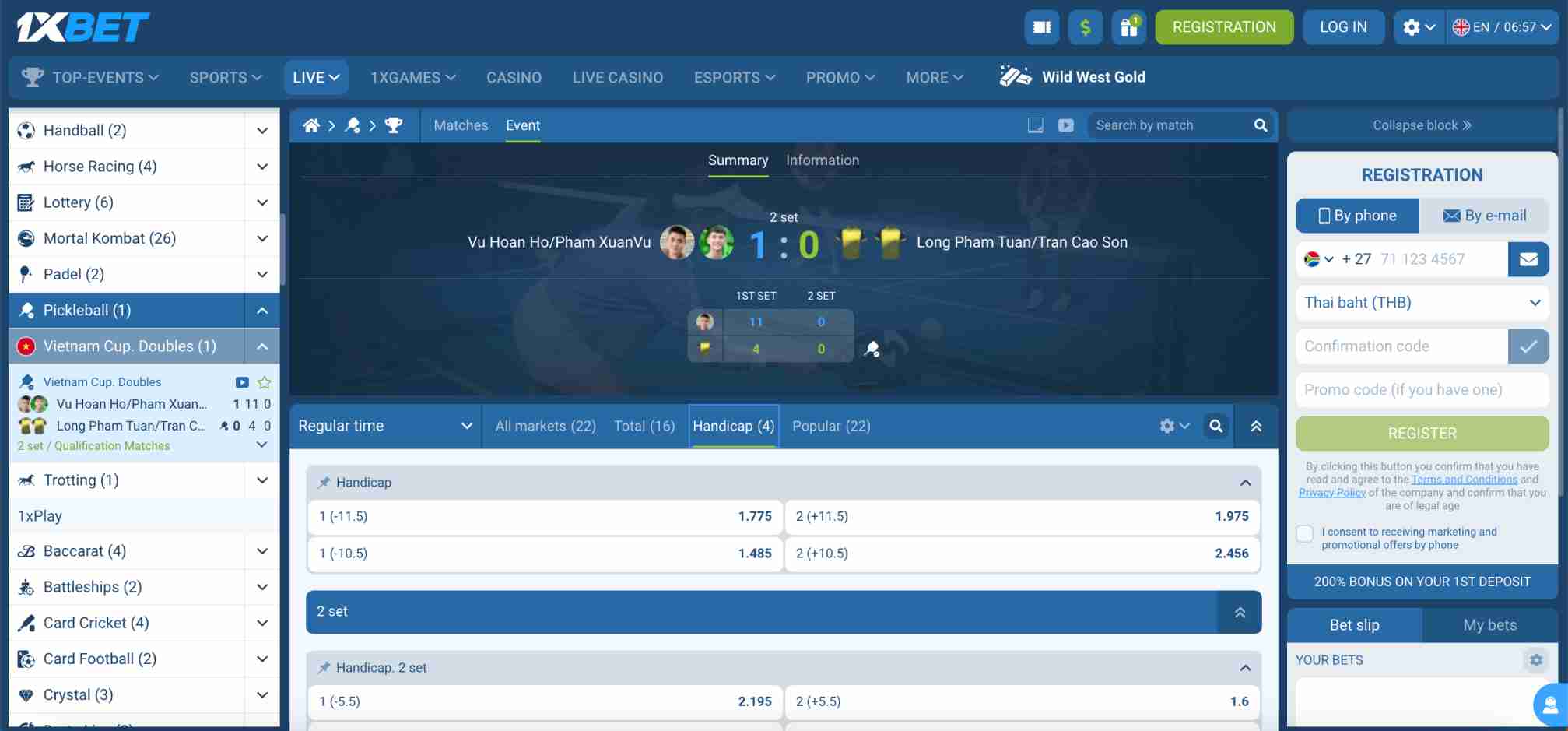 1xBet live betting screen with Vietnam Cup doubles pickleball match in progress