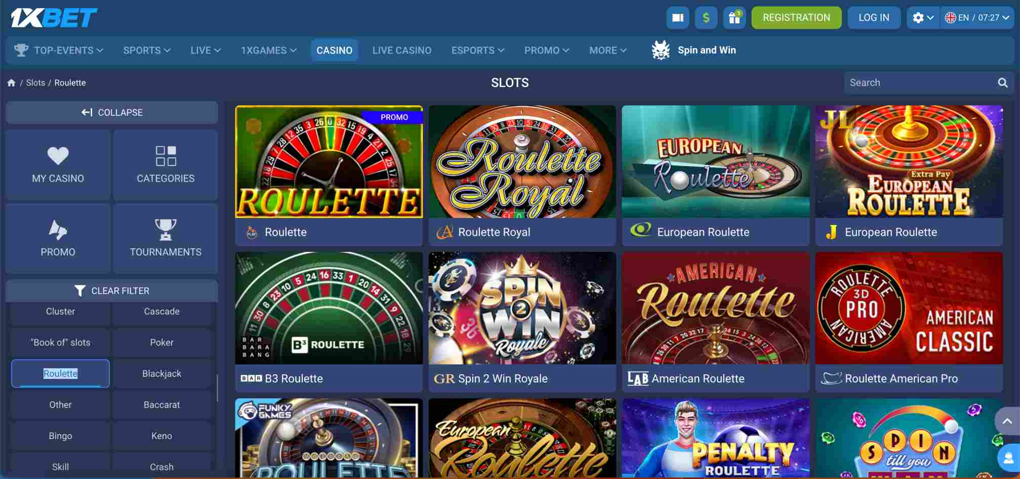 1xBet casino roulette lobby featuring European, American and online roulette sites in Mauritius