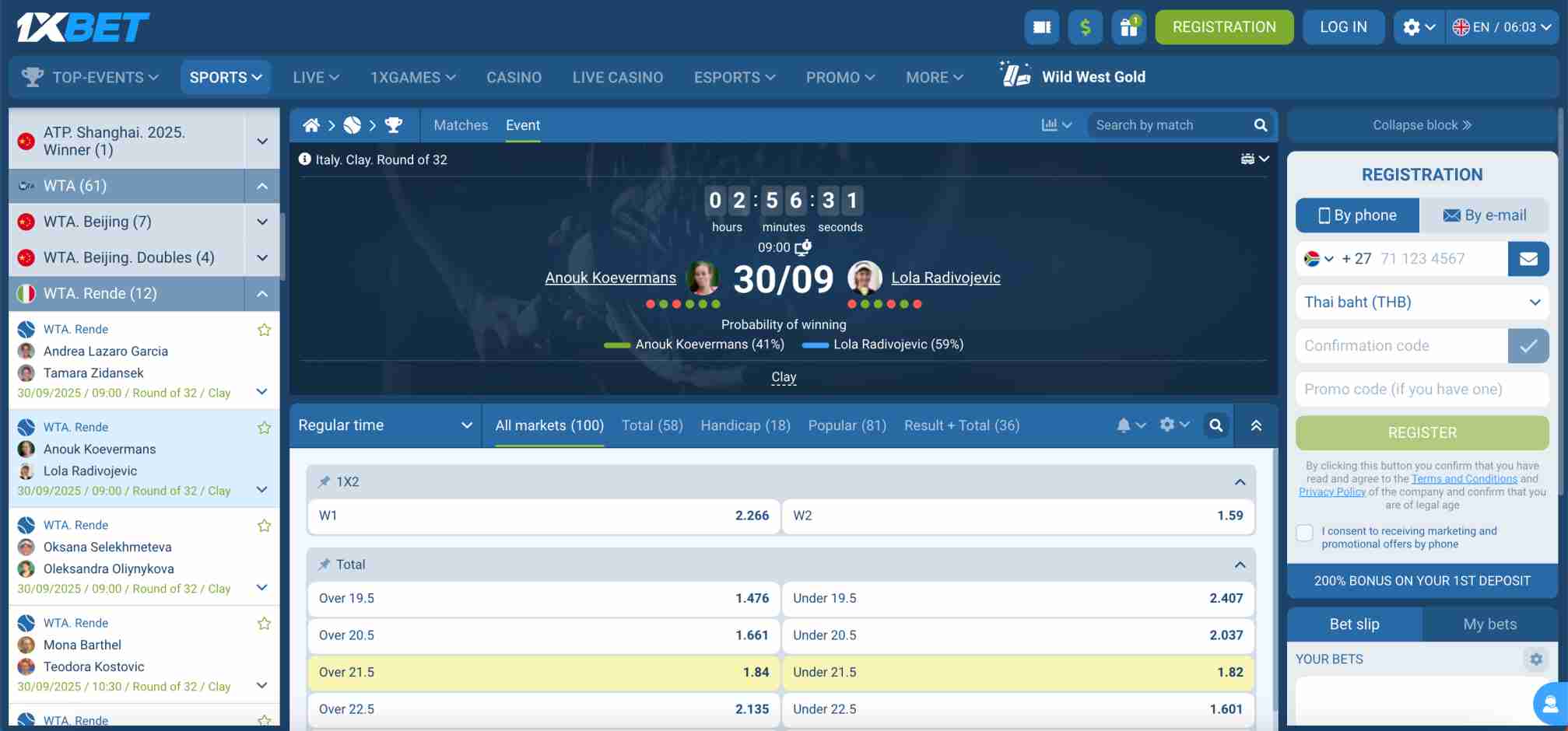 Match preview on 1xBet for Anouk Koevermans vs Lola Radivojevic with winning probabilities and betting markets, relevant to what happens if a bet is void on 1xBet.