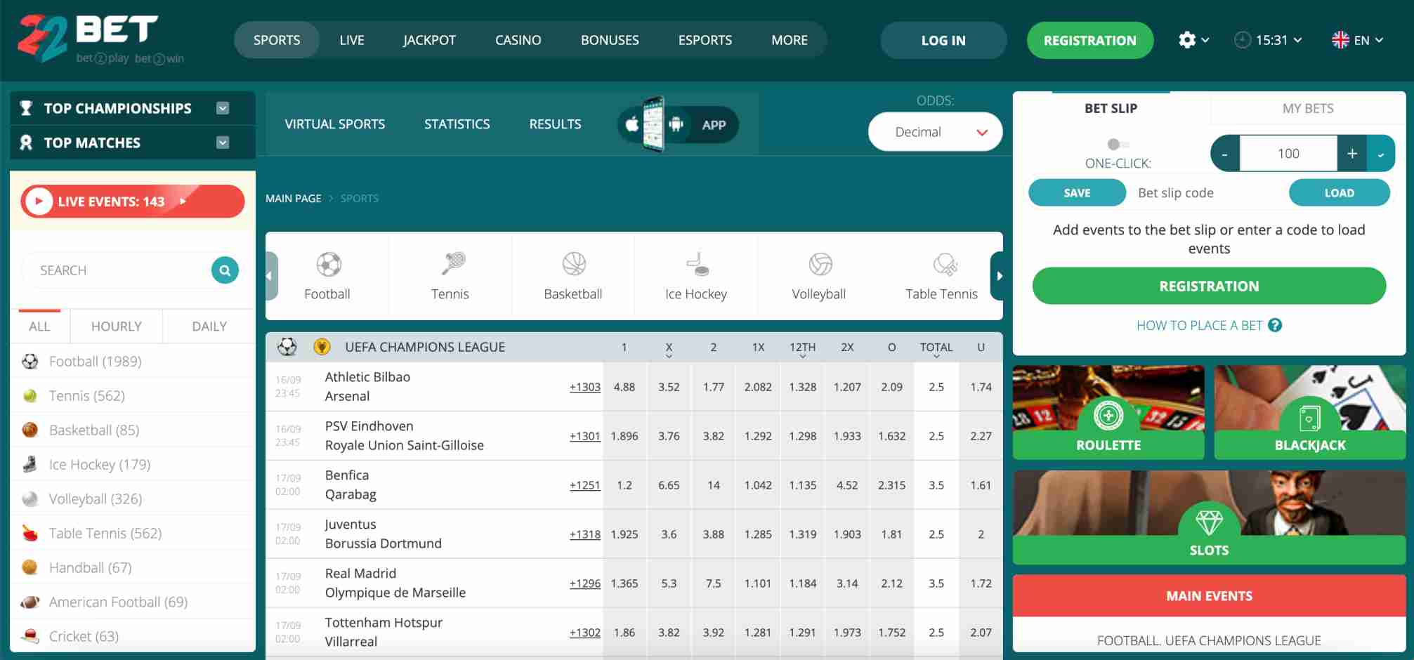 22Bet Mauritius sports betting platform showing live football odds and casino games
