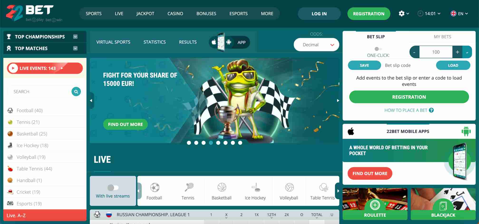 22Bet online sports betting site with football, tennis, and live casino options