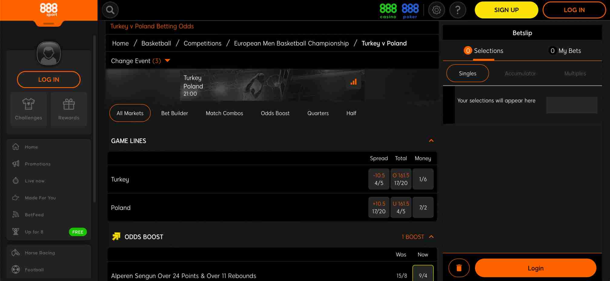 Basketball betting odds on 888sport for Turkey vs Poland game with spread, totals, and odds boost options.