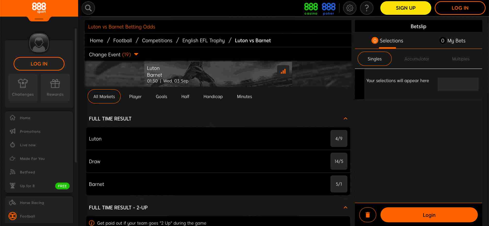 888sport betting odds for Luton vs Barnet match with accumulator and singles options visible.