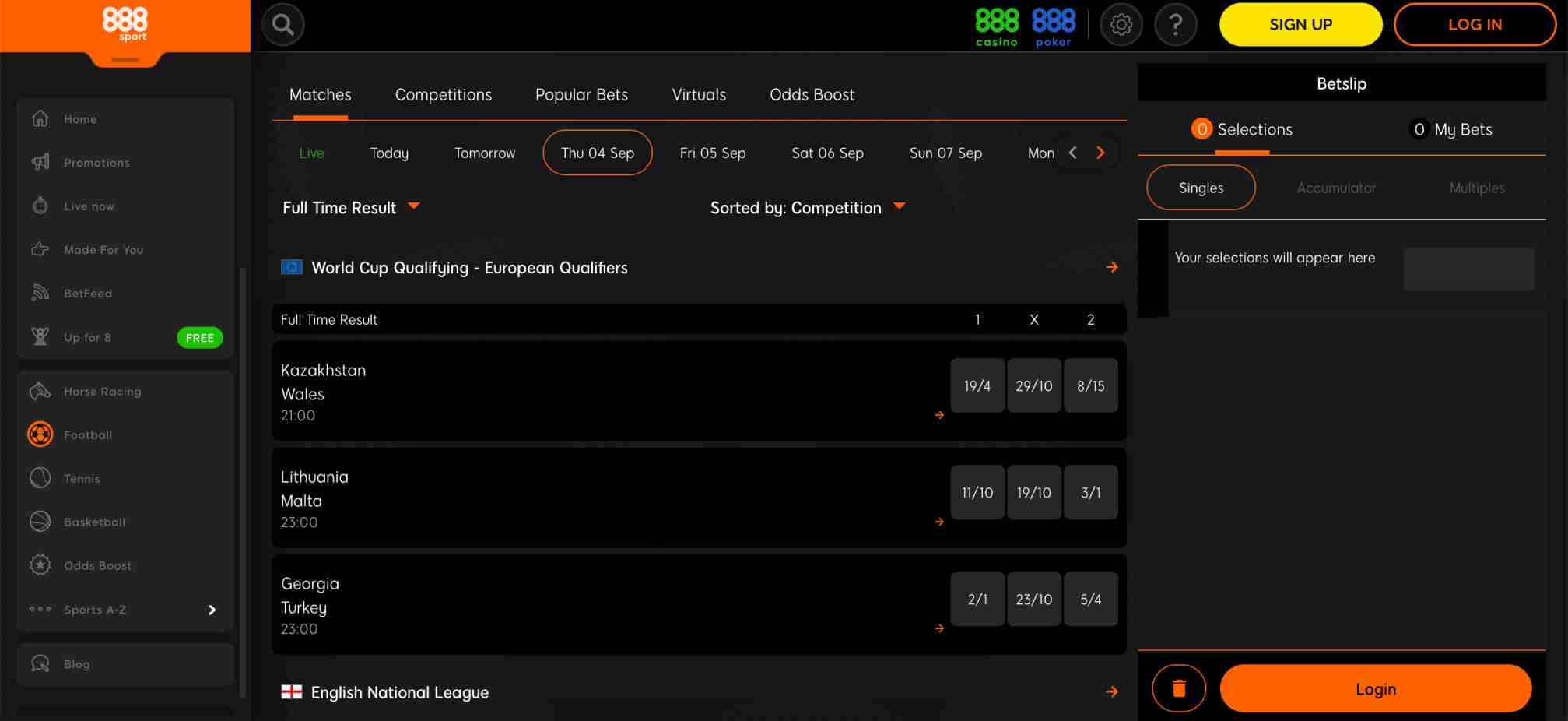 888sport enhanced prices and full time result odds for World Cup qualifying matches