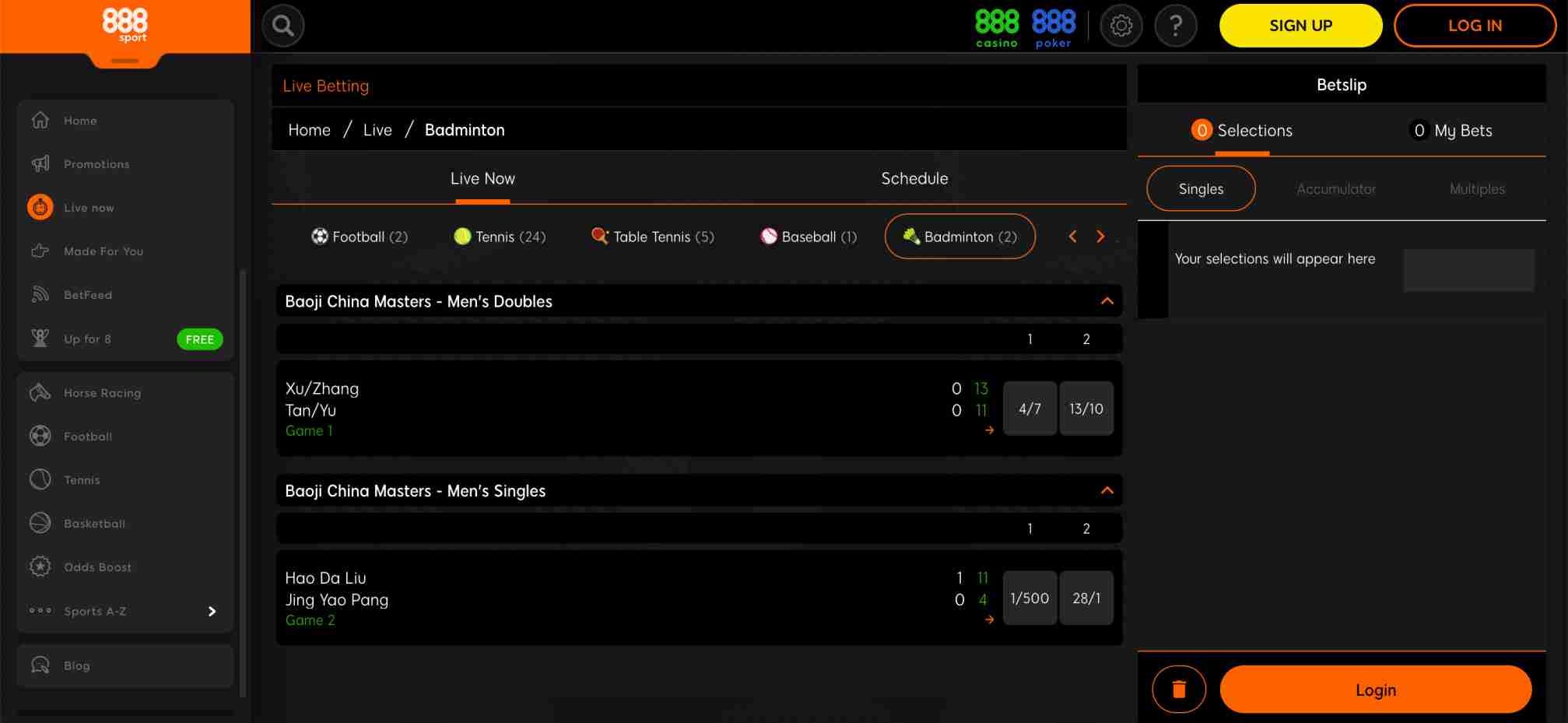 888sport live betting section displaying badminton matches and in-play odds