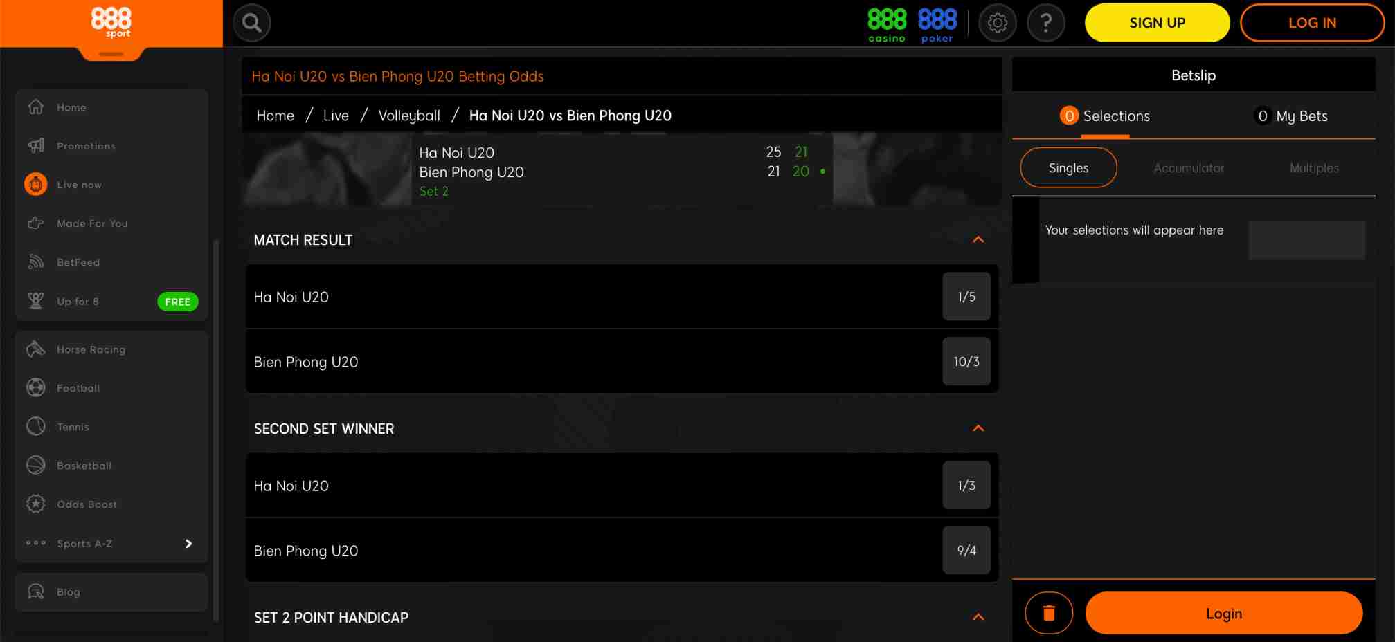 888sport live betting screen for Ha Noi U20 vs Bien Phong U20 volleyball match with odds displayed