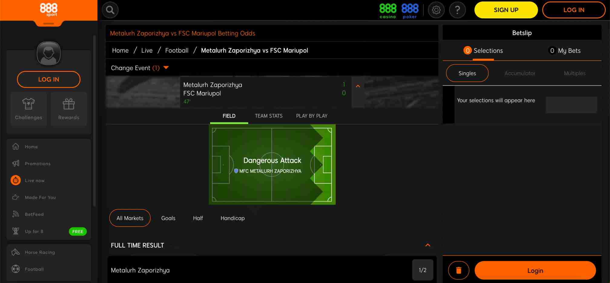 Live football match view on 888sport between Metalurh Zaporizhya and FSC Mariupol with real-time stats and betting options.