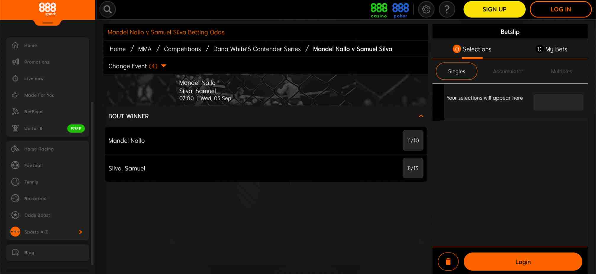 888sport betting odds example for Mandel Nallo vs Samuel Silva MMA fight