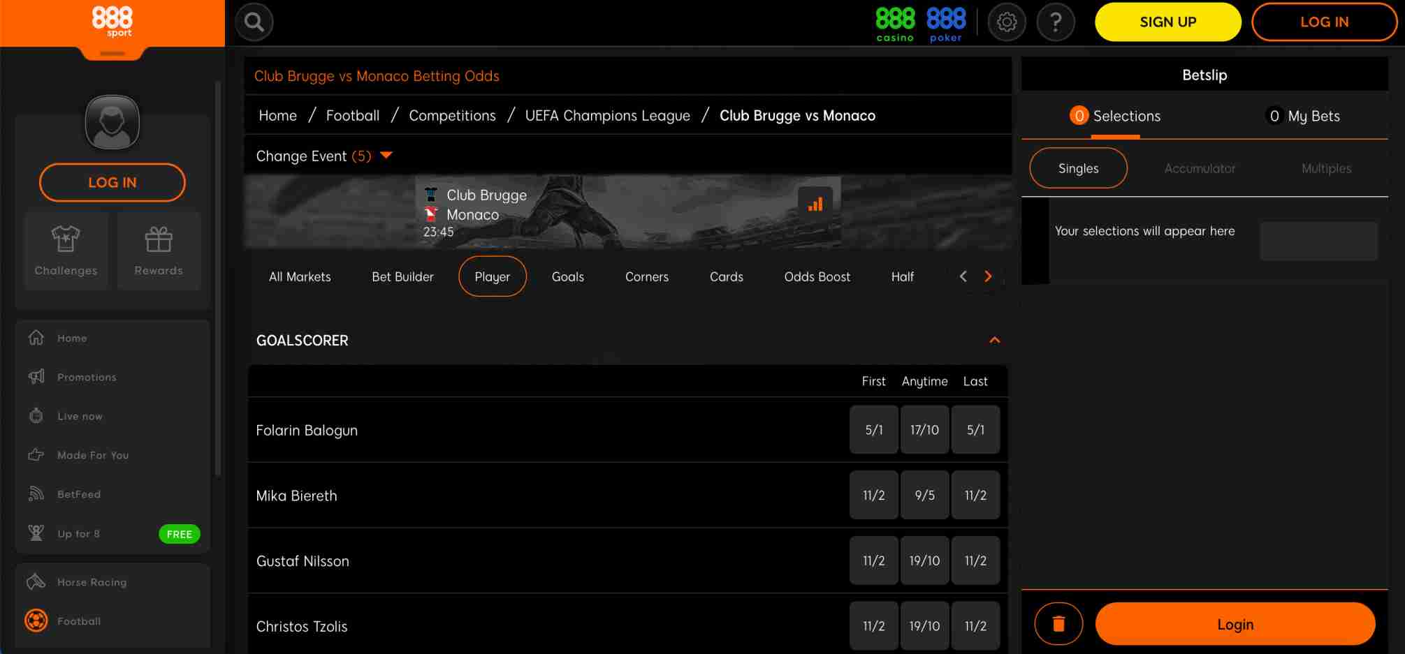 888sport player betting market for Club Brugge vs Monaco showing goalscorer odds; part of the broader betting features relevant when asking does 888sport have instant withdrawal.