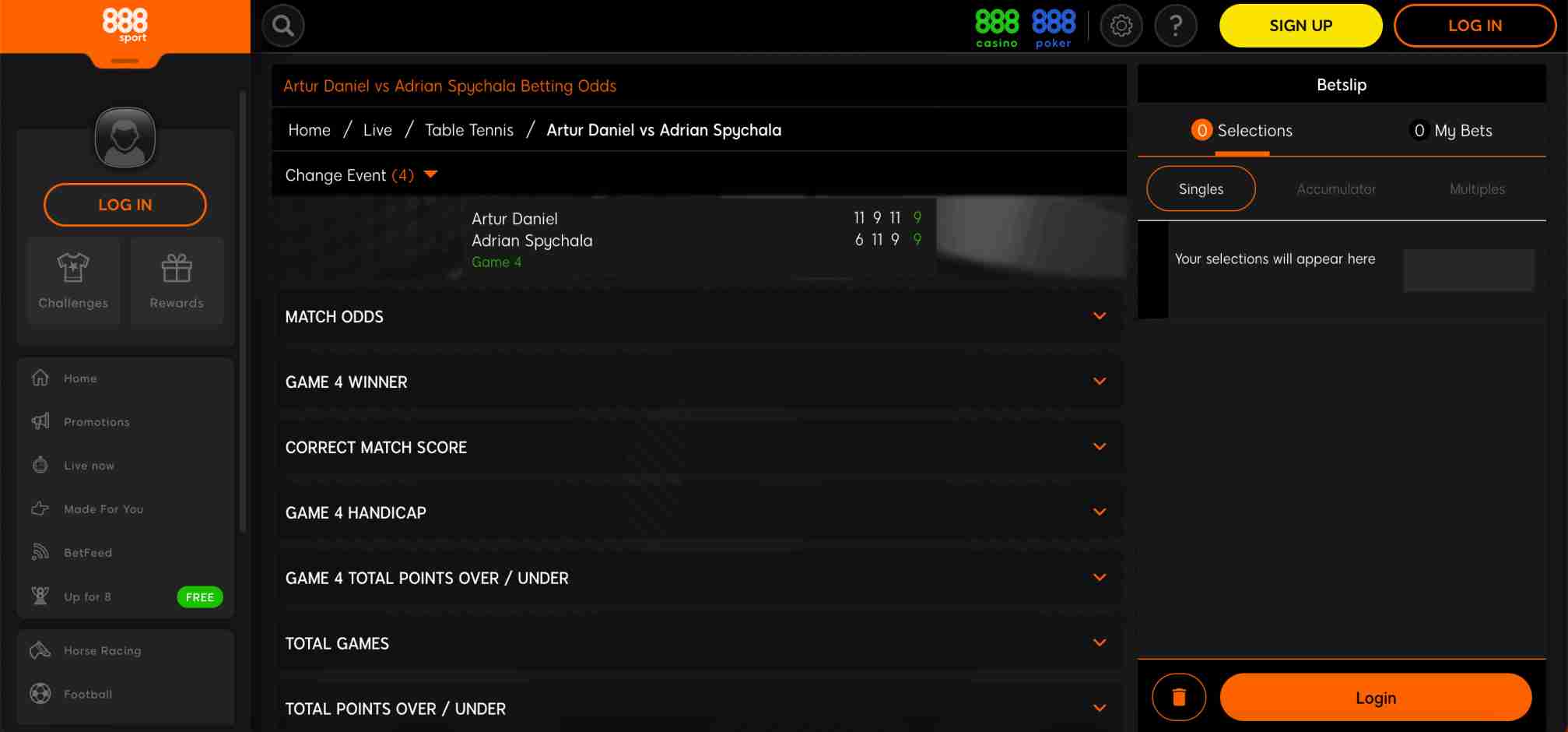 888sport live table tennis betting odds for Artur Daniel vs Adrian Spychala