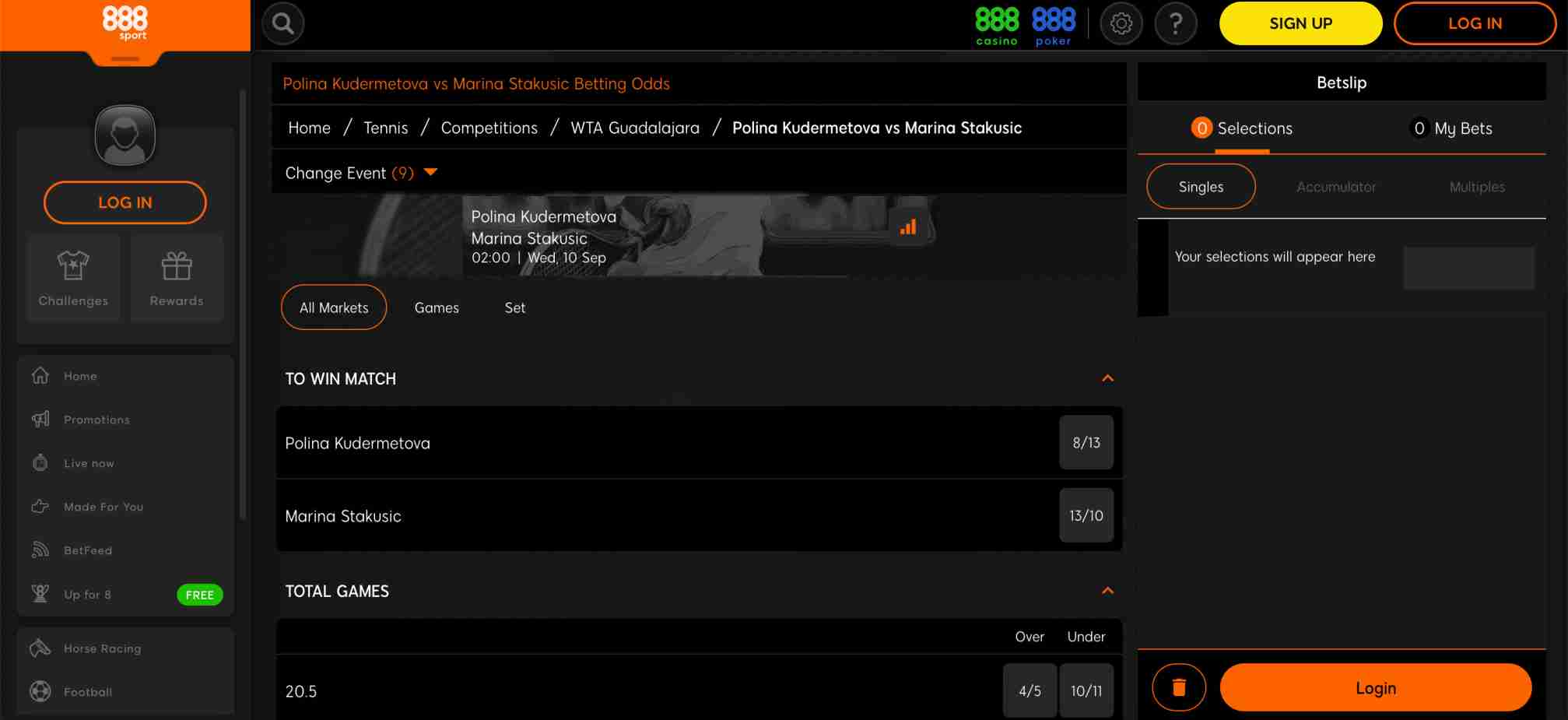 888sport tennis betting odds for Polina Kudermetova vs Marina Stakusic showing match winner and totals