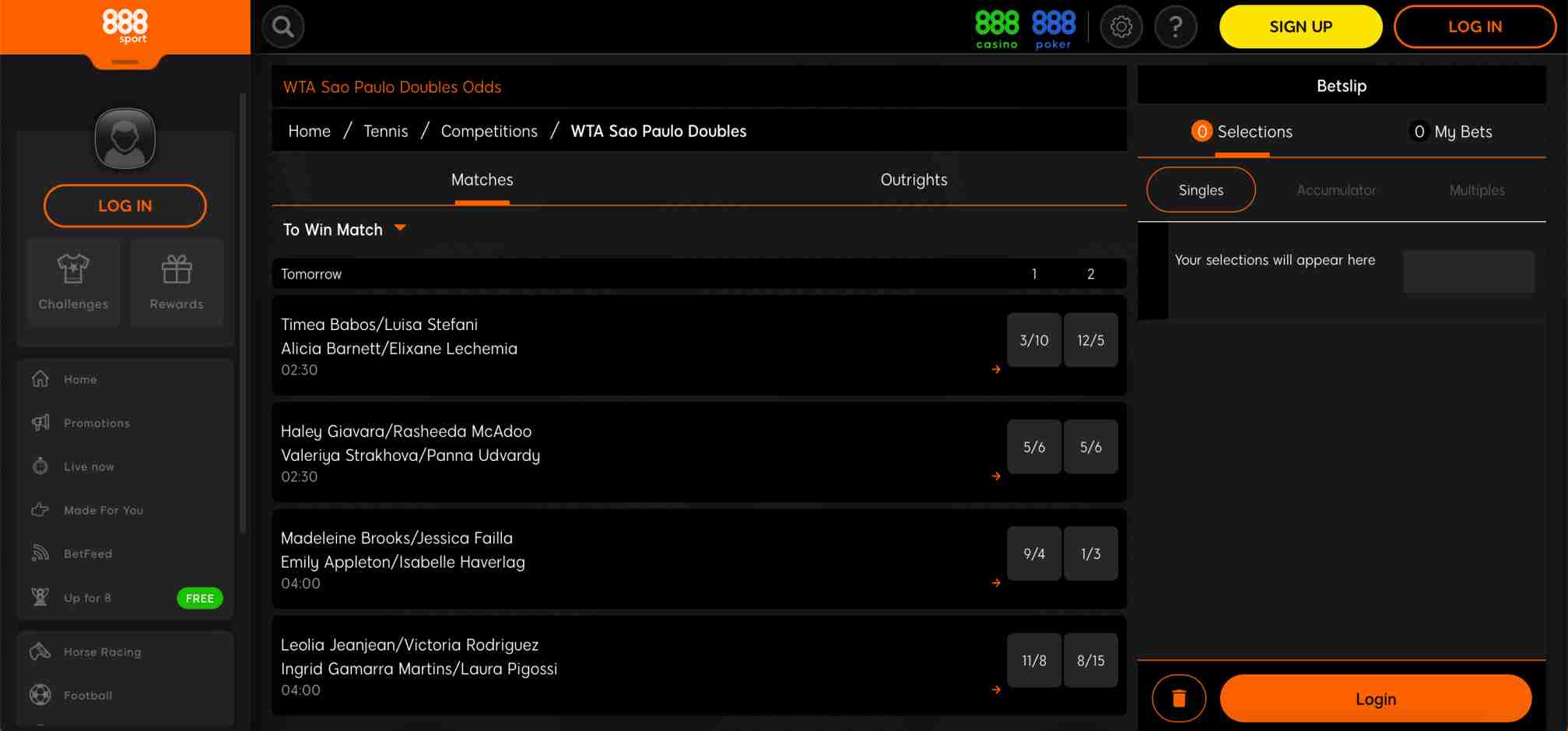 888sport betting odds for WTA Sao Paulo Doubles matches displayed on the sportsbook platform