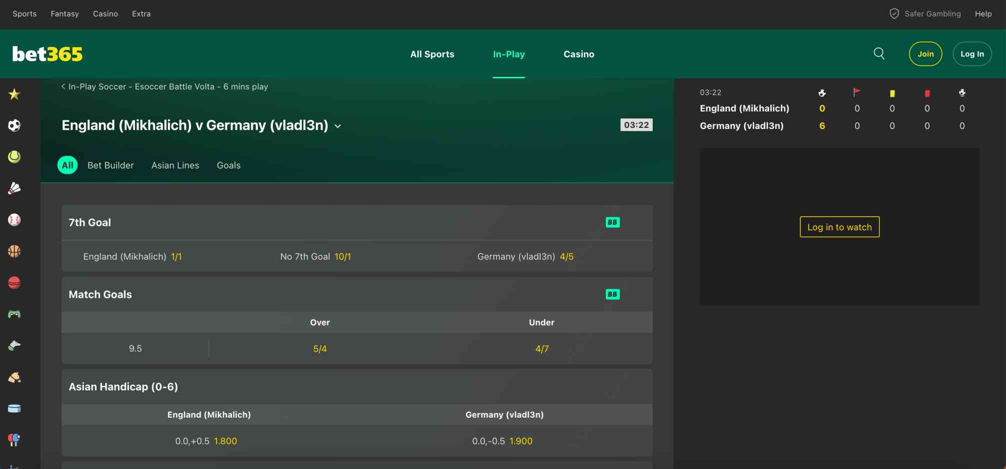 Bet365 Esoccer betting odds and live match scoreboard between England and Germany, demonstrating in-play betting features.