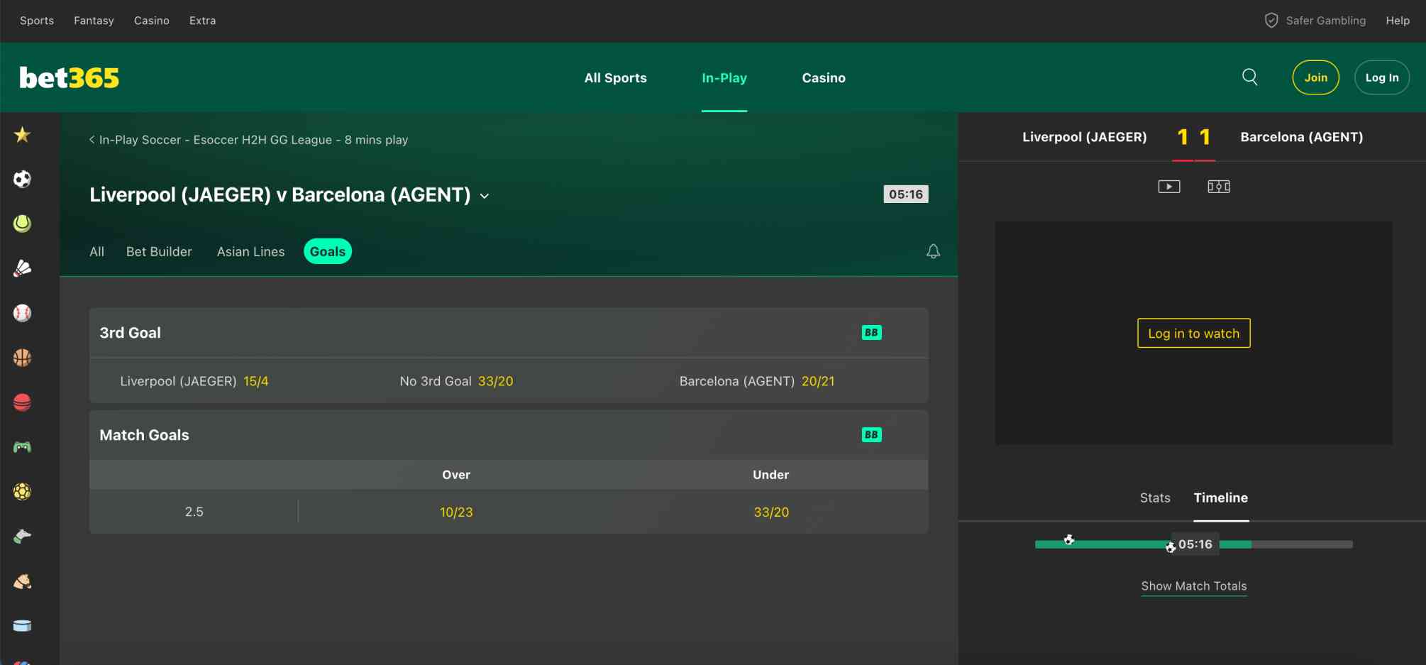 Bet365 in-play football betting screen for Liverpool vs Barcelona match, showing live odds and score.
