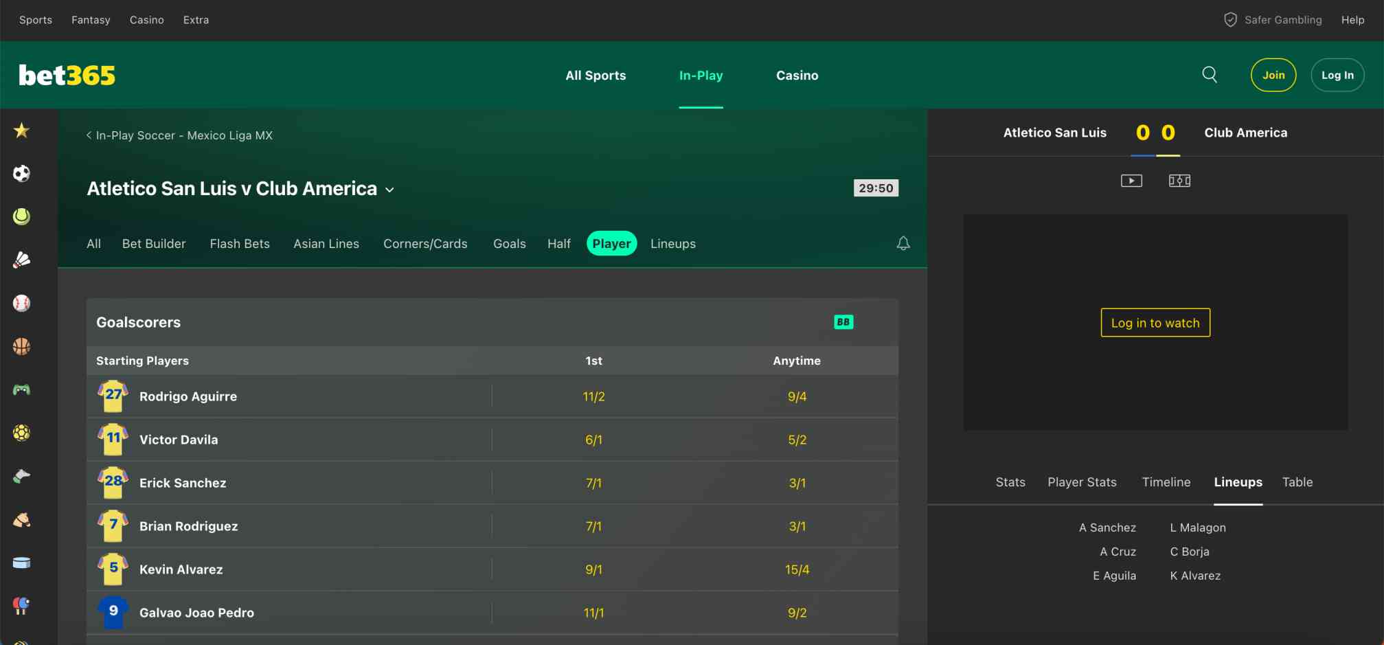Bet365 in-play football betting screen for Atletico San Luis vs Club America, showing goalscorer odds and player markets.