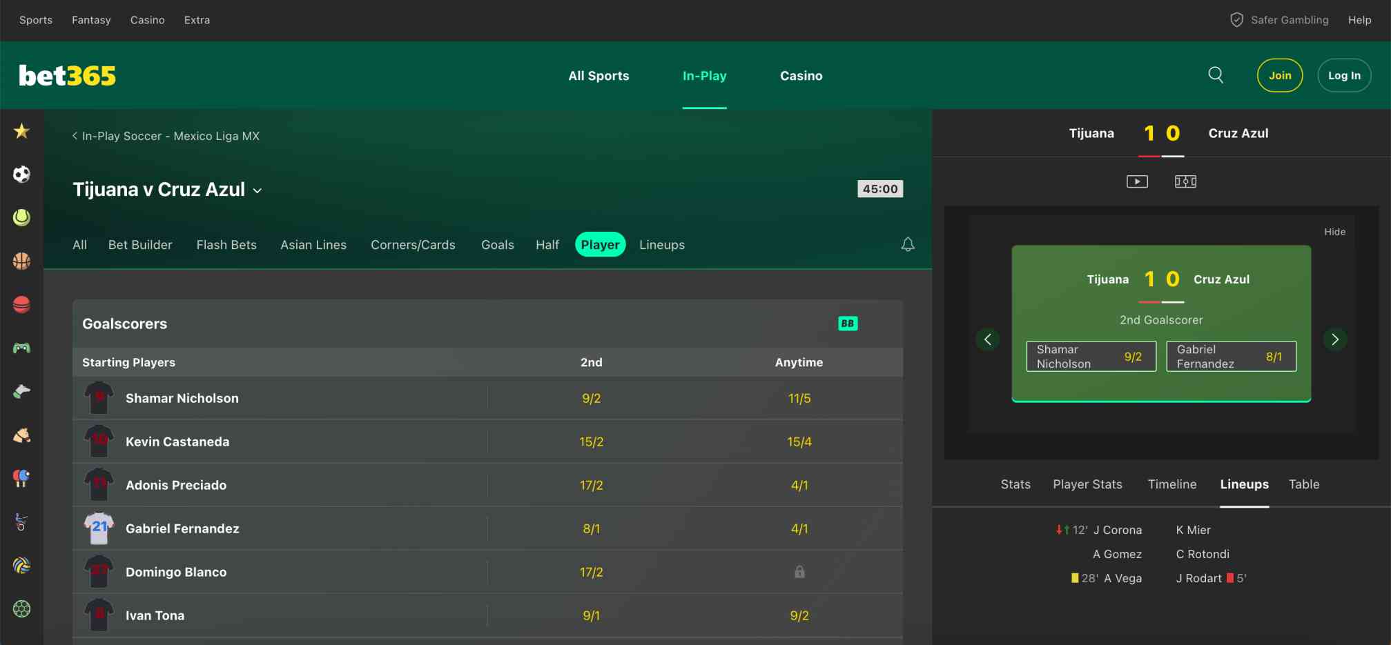 Bet365 in-play soccer betting screen showing Tijuana vs Cruz Azul match odds and goalscorer markets — does Bet365 accept cryptocurrency?