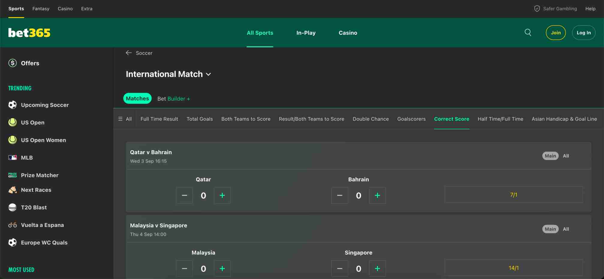 Bet365 international match odds for Qatar vs Bahrain and Malaysia vs Singapore, raising the question is Bet365 available in Nigeria.