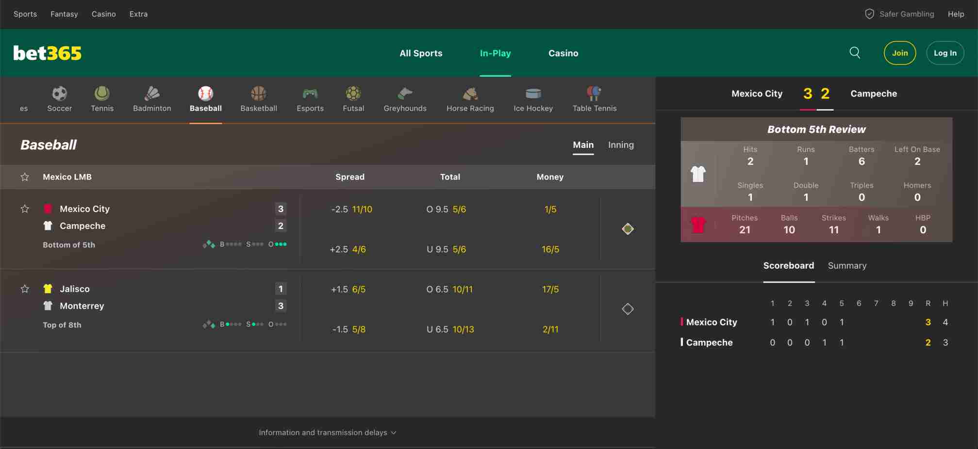 Bet365 baseball live betting screen for Mexico City vs Campeche in the Mexico LMB league, showing live score, spread, and betting odds.