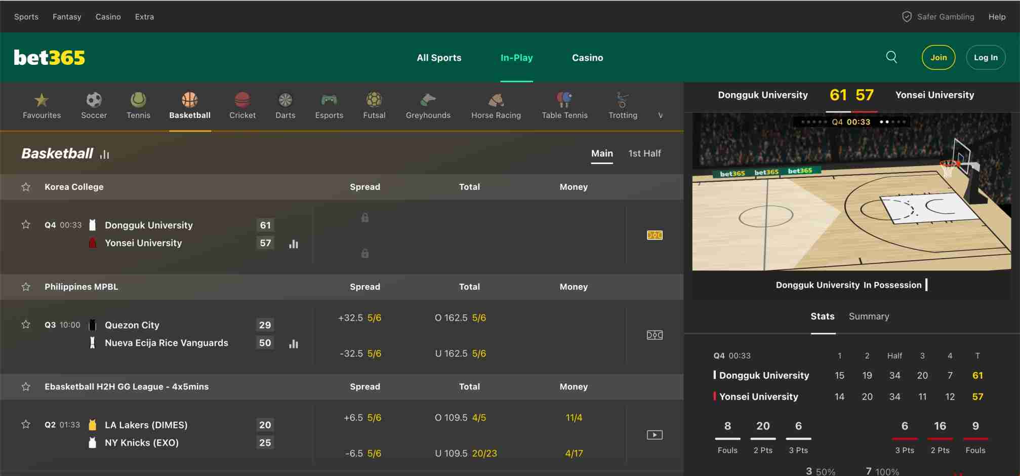Live basketball betting interface on Bet365 showing scores and odds