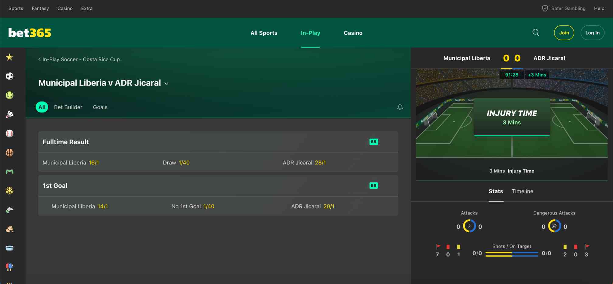 Bet365 live soccer betting screen during Municipal Liberia vs ADR Jicaral with in-play odds and injury time displayed.