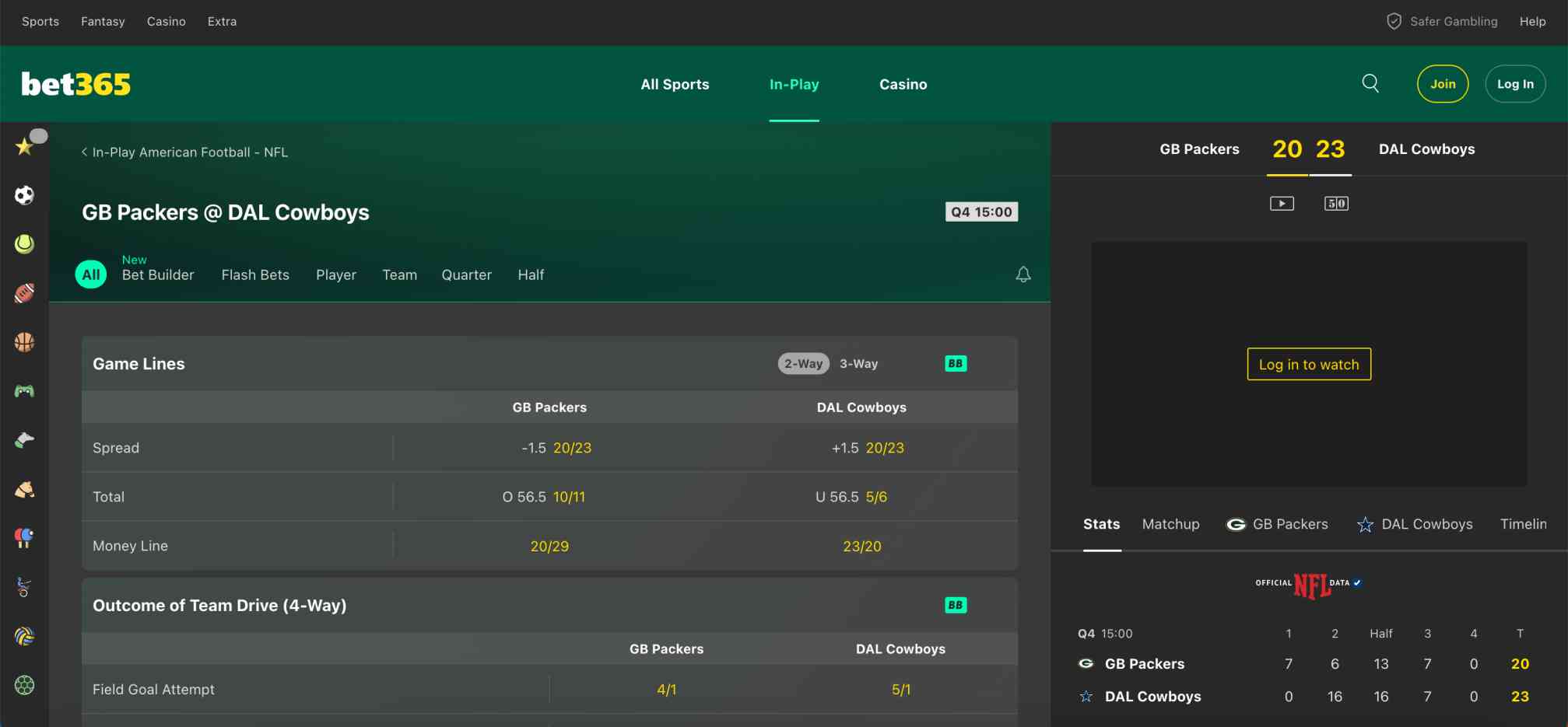 Bet365 in-play NFL betting screen with Green Bay Packers vs Dallas Cowboys and live game lines.